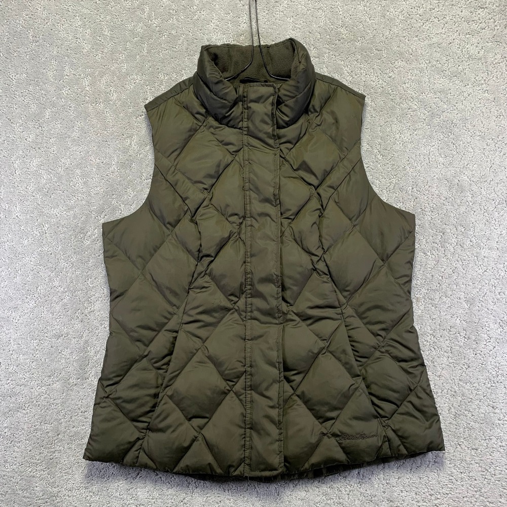 Eddie Bauer Womens Down Vest Olive Green Quilted Puffer Full Zip Collar Size L